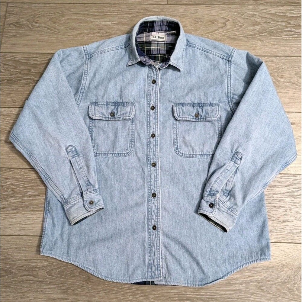 VINTAGE LL BEAN BLUE DENIM FLANNEL LINED SHIRT WOMENS SIZE LARGE GUC
